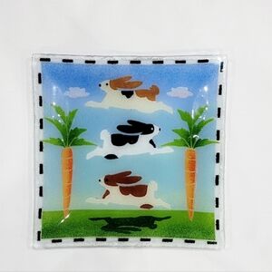Peggy Karr Fused Art Glass Plate Three Running Rabbits Carrots Vivid Colors